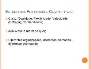 ESTUDO DAS PRIORIDADES COMPETITIVAS Custo Qualidade Flexibilidade Velocidade