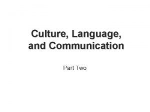 Culture Language and Communication Part Two Culture and