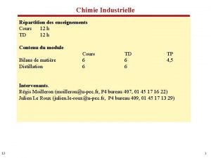 Chimie Industrielle Rpartition des enseignements Cours 12 h