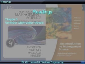 Readings Chapter 8 Nonlinear Optimization Models BA 452