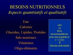 BESOINS NUTRITIONNELS Aspects quantitatifs et qualitatifs Eau Calories