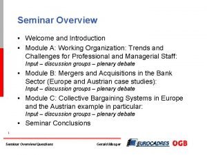 Seminar Overview Welcome and Introduction Module A Working