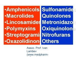 Amphenicols Sulfonamides Macrolides Quinolones Lincosamides Metronidazole Polymyxins Oxiquinolones