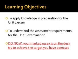 Learning Objectives To apply knowledge in preparation for