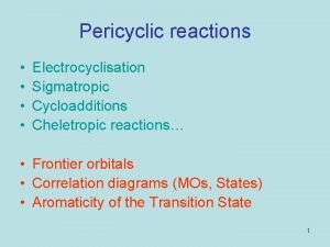 Pericyclic reactions Electrocyclisation Sigmatropic Cycloadditions Cheletropic reactions Frontier