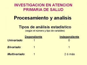 INVESTIGACION EN ATENCION PRIMARIA DE SALUD Procesamiento y