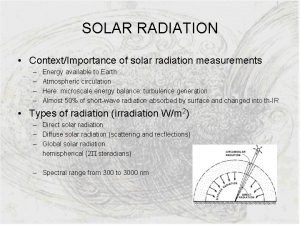 SOLAR RADIATION ContextImportance of solar radiation measurements Energy