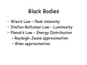 Black Bodies Wiens Law Peak intensity StefanBoltzman Law