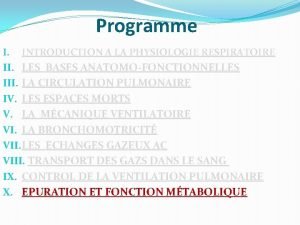 Programme I INTRODUCTION A LA PHYSIOLOGIE RESPIRATOIRE II