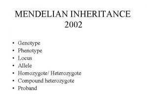 MENDELIAN INHERITANCE 2002 Genotype Phenotype Locus Allele Homozygote
