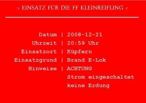 EINSATZ FR DIE FFIMKLEINREIFLING FEUERWEHREINSATZ GLEISBEREICH Datum Uhrzeit