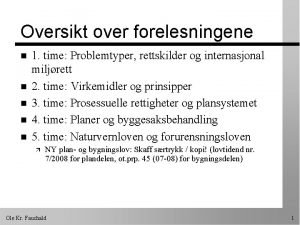 Oversikt over forelesningene n n n 1 time