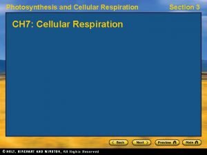 Photosynthesis and Cellular Respiration CH 7 Cellular Respiration