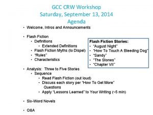 GCC CRW Workshop Saturday September 13 2014 Agenda