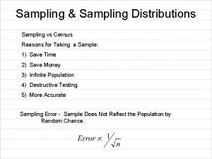 Sampling Sampling Distributions Sampling vs Census Reasons for