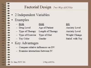 Factorial Design Two Way ANOVAs 2 Independent Variables