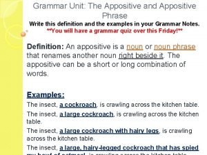 Grammar Unit The Appositive and Appositive Phrase Write