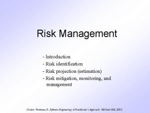 Risk Management Introduction Risk identification Risk projection estimation