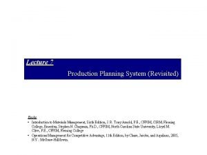 Lecture 7 Production Planning System Revisited Books Introduction