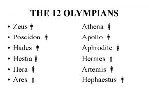 THE 12 OLYMPIANS Zeus Poseidon Hades Hestia Hera