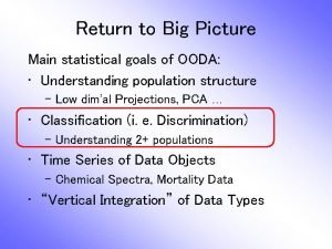 Return to Big Picture Main statistical goals of