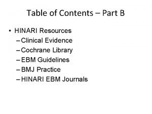 Table of Contents Part B HINARI Resources Clinical