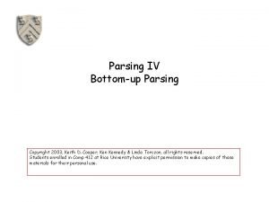 Parsing IV Bottomup Parsing Copyright 2003 Keith D