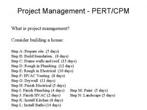 Project Management PERTCPM What is project management Consider