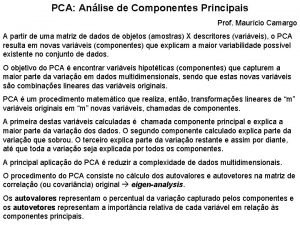 PCA Anlise de Componentes Principais Prof Maurcio Camargo