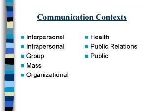 Communication Contexts n Interpersonal n Health n Intrapersonal