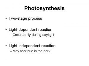 Photosynthesis Twostage process Lightdependent reaction Occurs only during