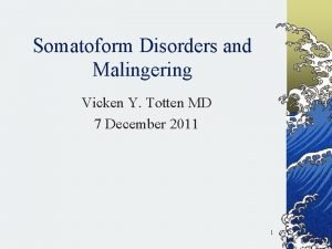Somatoform Disorders and Malingering Vicken Y Totten MD