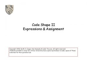 Code Shape II Expressions Assignment Copyright 2003 Keith