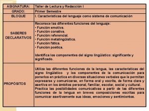 ASIGNATURA GRADO BLOQUE SABERES DECLARATIVOS Taller de Lectura