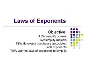 Laws of Exponents Objective TSW simplify powers TSW