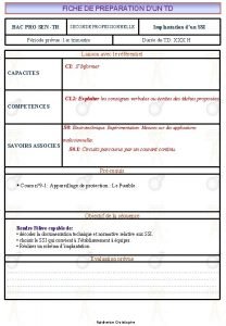 FICHE DE PREPARATION DUN TD BAC PRO SEN