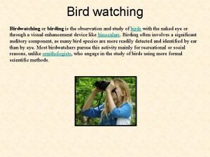 Bird watching Birdwatching or birding is the observation