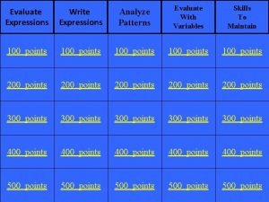 Evaluate Expressions Write Expressions Analyze Patterns Evaluate With