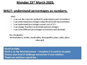 Monday 23 rd March 2020 WALT understand percentages