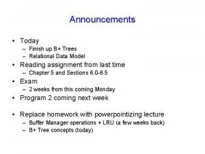 Announcements Today Finish up B Trees Relational Data