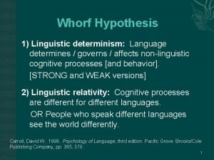 Whorf Hypothesis 1 Linguistic determinism Language determines governs