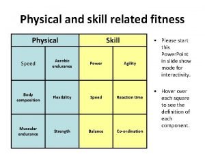 Physical and skill related fitness Physical Speed Aerobic