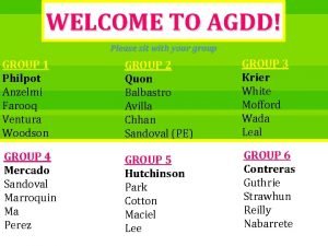 WELCOME TO AGDD Please sit with your group