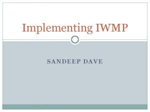 Implementing IWMP SANDEEP DAVE Institutions SLNA Hydrologist CB