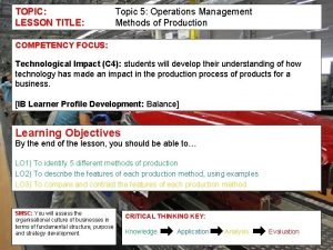 TOPIC LESSON TITLE Topic 5 Operations Management Methods