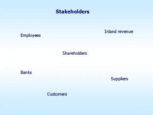 Stakeholders Inland revenue Employees Shareholders Banks Suppliers Customers