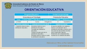 ORIENTACIN EDUCATIVA Programa Educativo Unidad de aprendizaje Licenciatura