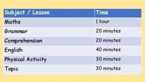 Subject Lesson Time Maths 1 hour Grammar 20