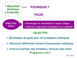 l Education Artistique Culturelle FINALITES enjeux POURQUOI POUR