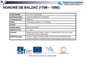 HONOR DE BALZAC 1799 1850 slo projektu CZ